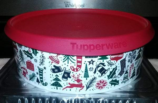 Tupperware FESTIVE HOLIDAY 9.5-c COOKIE CANISTER 1-TOUCH NEW RED SEAL - Plastic Glass and Wax