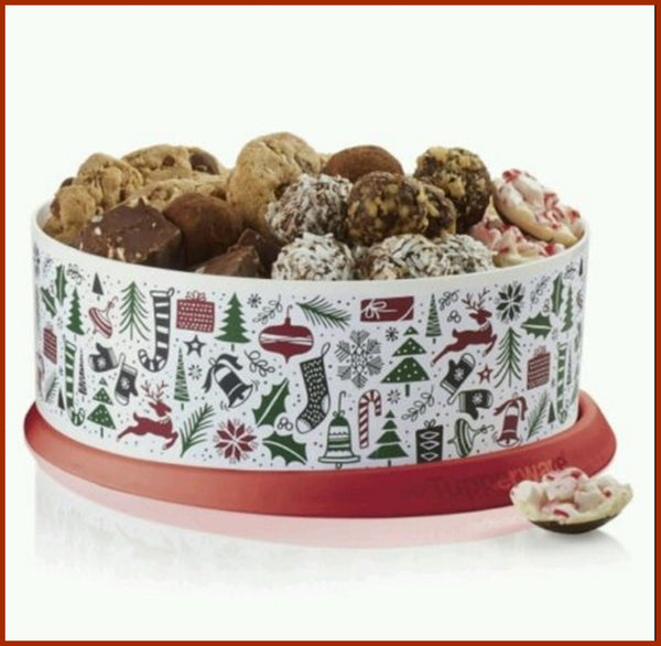 Tupperware FESTIVE HOLIDAY 9.5-c COOKIE CANISTER 1-TOUCH NEW RED SEAL - Plastic Glass and Wax