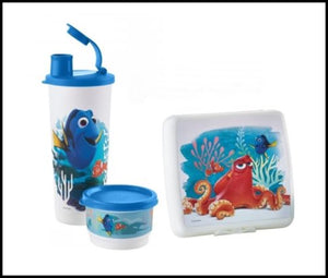 TUPPERWARE Disney / Pixar 3-Pc On-the-Go Finding Dory Lunch Set Tumbler Sandwich Keeper Snack Cup - Plastic Glass and Wax ~ PGW