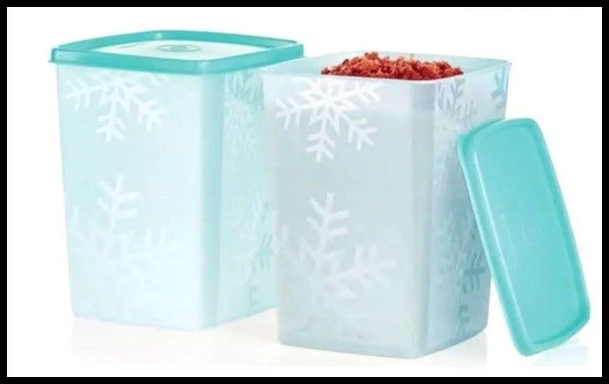 TUPPERWARE FREEZE-IT TWO (2) SQUARE ROUND DEEP FREEZER STORAGE CONTAINERS 6-c AQUAMARINE - Plastic Glass and Wax