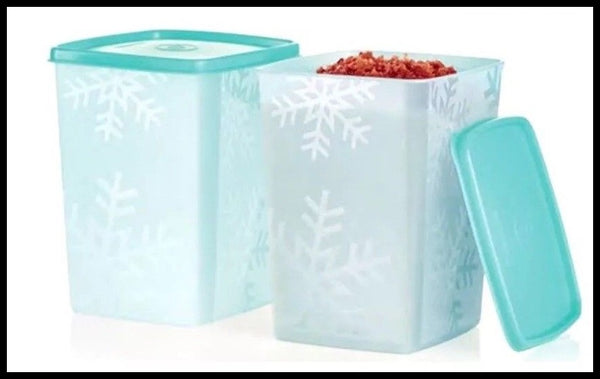 TUPPERWARE FREEZE-IT TWO (2) SQUARE ROUND DEEP FREEZER STORAGE CONTAINERS 6-c AQUAMARINE - Plastic Glass and Wax