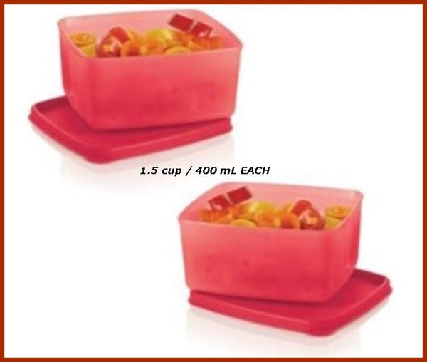 TUPPERWARE FREEZE-IT TWO (2) 1.5-c SQUARE ROUND FREEZER MATES STORAGE CONTAINERS RASPBERRY - Plastic Glass and Wax ~ PGW