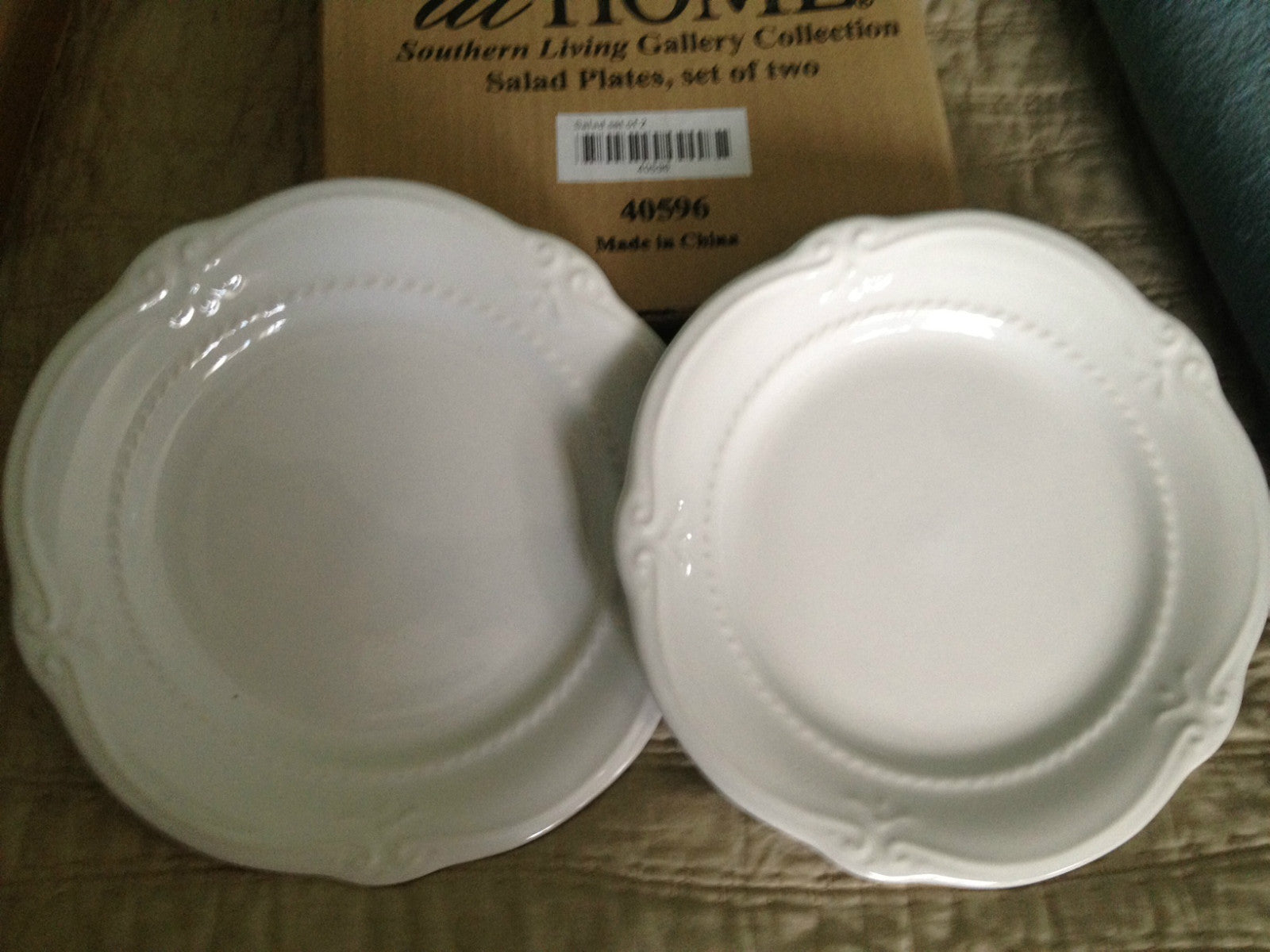 Southern Living at HOME GALLERY WHITE WARE CERAMIC POTTERY 2 SALAD DESSERT PLATES - Plastic Glass and Wax ~ PGW