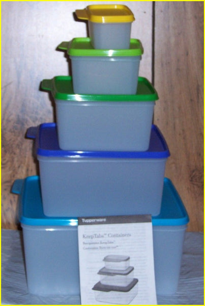 TUPPERWARE KEEP TABS 5-PC SET SQUARE STORAGE CONTAINERS w/ ORIGINAL COLORED TABBED SEALS