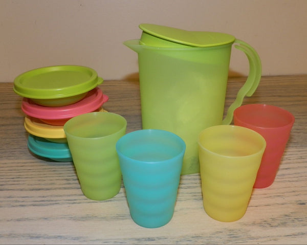 TUPPERWARE KID'S MINI IMPRESSIONS 9-pc SERVING SET w/ PITCHER CUPS BOWLS NEW COLORS - Plastic Glass and Wax