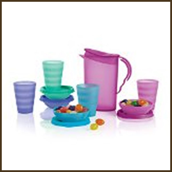 TUPPERWARE KID'S MINI IMPRESSIONS 9-pc SERVING SET w/ PITCHER CUPS BOWLS NEW COLORS - Plastic Glass and Wax