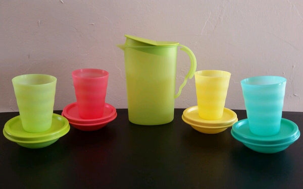 TUPPERWARE KID'S MINI IMPRESSIONS 9-pc SERVING SET w/ PITCHER CUPS BOWLS NEW COLORS - Plastic Glass and Wax