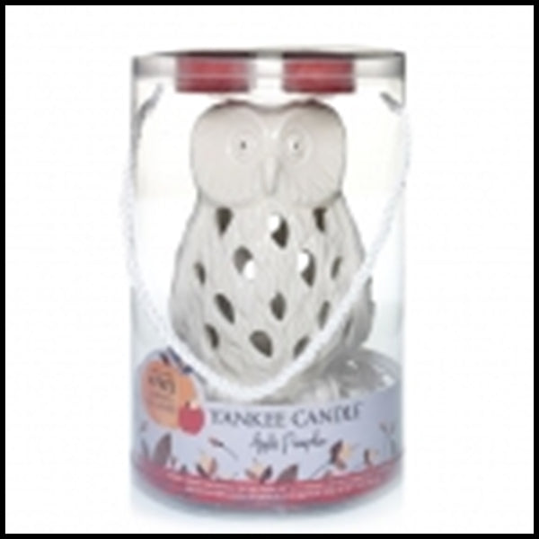 YANKEE CERAMIC OWL LUMINARY TEALIGHT CANDLE HOLDER W/ 4 APPLE PUMPKIN TEALIGHTS