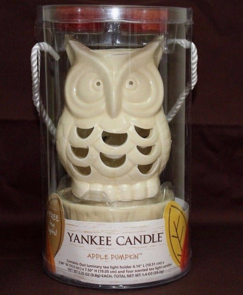 YANKEE CERAMIC OWL LUMINARY TEALIGHT CANDLE HOLDER W/ 4 APPLE PUMPKIN TEALIGHTS