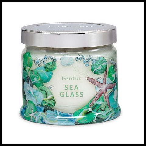 PartyLite 3-Wick Signature Round Jar Boxed Candle w/ Metal Lid SEA GLASS - Plastic Glass and Wax
