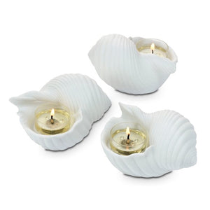 PartyLite CONCH SEA SHELL CERAMIC POTTERY TEALIGHT TRIO 3 CANDLE HOLDERS NIB - Plastic Glass and Wax