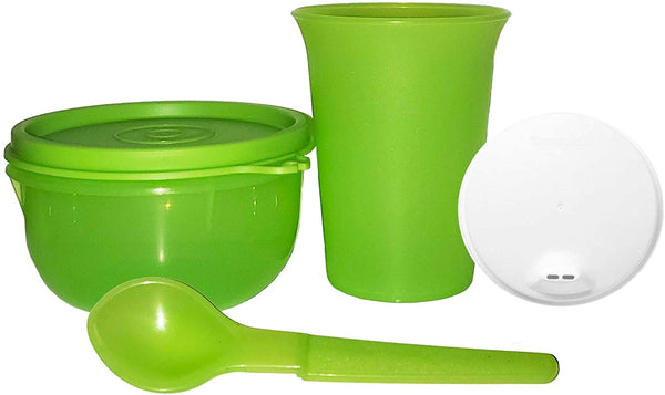Tupperware 7-oz Bell Tumbler Sipper Seal ~ Ideal Bowl & Hang On Spoon Lunch Set in Lime Green