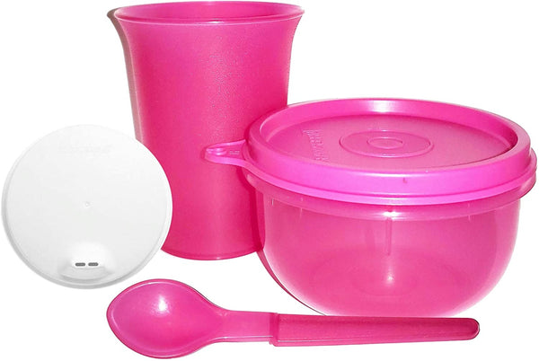 Tupperware 7-oz Bell Tumbler Sipper Seal ~ Ideal Bowl & Hang On Spoon Lunch Set in Fuchsia Kiss Pink