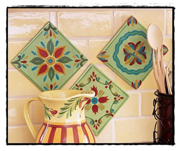 SOUTHERN LIVING AT HOME GAIL PITTMAN PROVENCE TRIVET TRIO ~ 3 SQUARE WALL ART PLAQUES - Plastic Glass and Wax ~ PGW