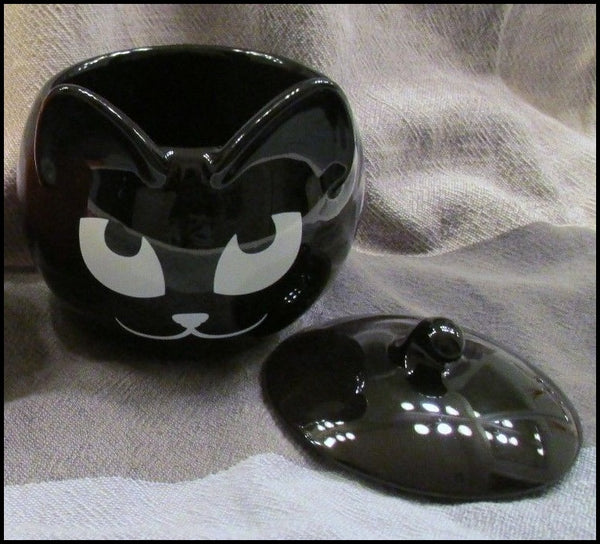 PartyLite SLY BLACK CAT REFILLABLE 2 PIECE CANDLE HOLDER TRINKET CANDY DISH - Plastic Glass and Wax ~ PGW