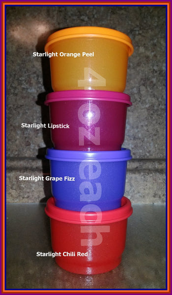 TUPPERWARE SPARKLING STARLIGHT Snack Cup Set FOUR w/ Seals 4-oz Capacity - Plastic Glass and Wax ~ PGW