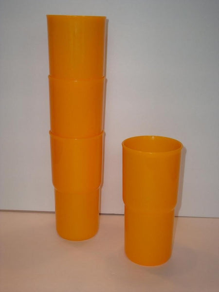 TUPPERWARE 4-pc ORANGE 12-oz TABLETOP TAPERED TUMBLERS w/ ORANGE ROUND SEALS