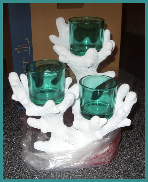 PARTYLITE TROPICAL RESIN CORAL & SEA BLUE TRIPLE VOTIVE / TEALIGHT CANDLE HOLDER