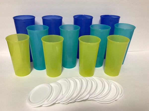 TUPPERWARE 4-pc SET 9-oz MARGARITA STRAIGHT SIDED TUMBLERS w/ SNOW WHITE ROUND SEALS - Plastic Glass and Wax