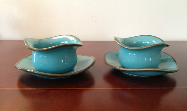 SOUTHERN LIVING AT HOME SET of 2 TUSCAN TIDBITS & SAUCERS GLAZED TURQUOISE  POTTERY