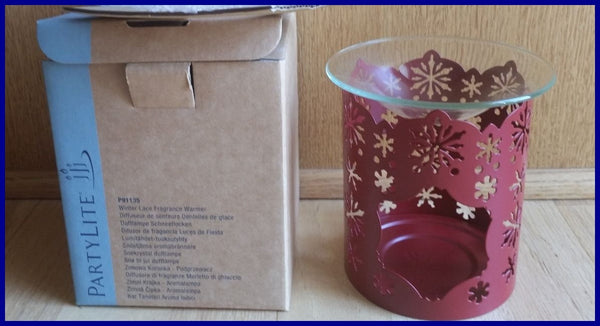 PartyLite WINTER LACE RED CANDLE SLEEVE & Scent Plus Wax Aroma Melts / Fragrance Simmering Tealight Warmer