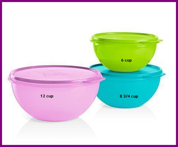 TUPPERWARE 3 Wonderlier Nesting Mixing Bowls 6-c Salsa Verde 8.75-c Tropical 12-c Purple - Plastic Glass and Wax ~ PGW